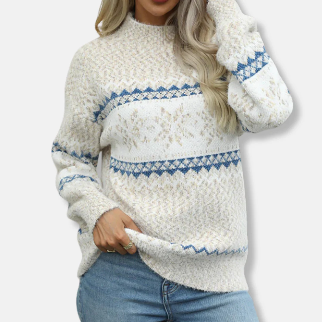 Women’s Knit Sweatshirt – Oversized Fit – Mock Neck – Fair Isle Pattern – Ribbed Cuffs - Image 3