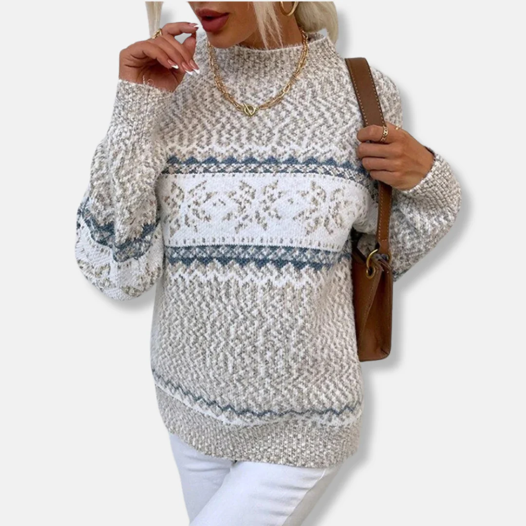 Women’s Knit Sweatshirt – Oversized Fit – Mock Neck – Fair Isle Pattern – Ribbed Cuffs - Image 4