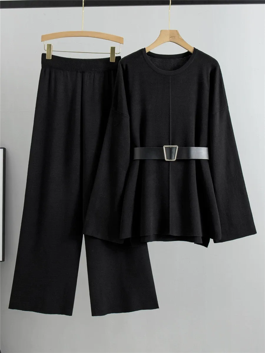 Women’s Knit Two-Piece Set – Relaxed Fit Sweater with Flared Sleeves – Wide-Leg Trousers - Image 3