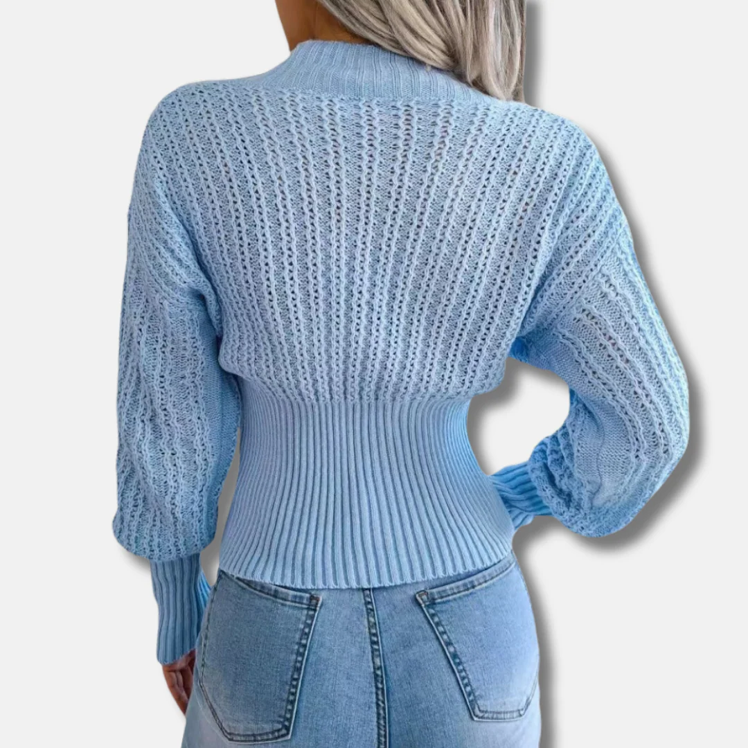 Women’s Knitted Top – Slim Fit Ribbed Waist – Deep V-Neck – Open Knit Sleeves - Image 2