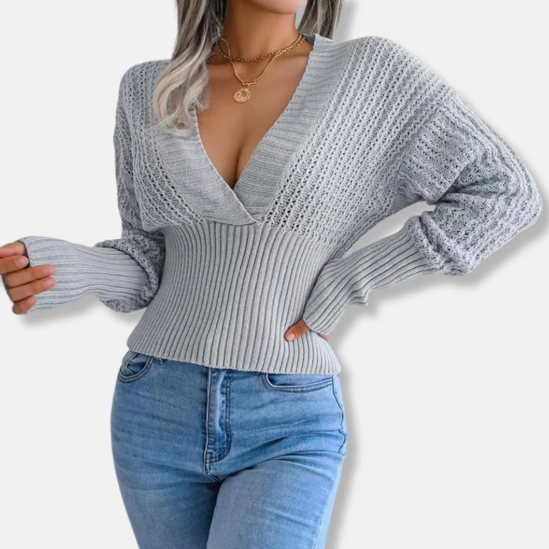 Women’s Knitted Top – Slim Fit Ribbed Waist – Deep V-Neck – Open Knit Sleeves - Image 3