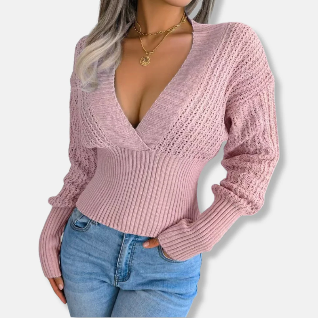 Women’s Knitted Top – Slim Fit Ribbed Waist – Deep V-Neck – Open Knit Sleeves - Image 4