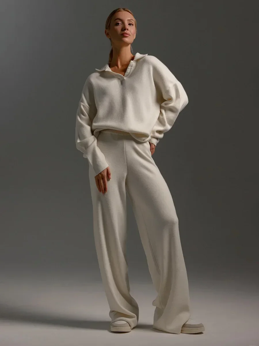 Women’s Knitted Two-Piece Set – Polo Neck Sweater – High-Waisted Wide Leg Trousers - Image 4