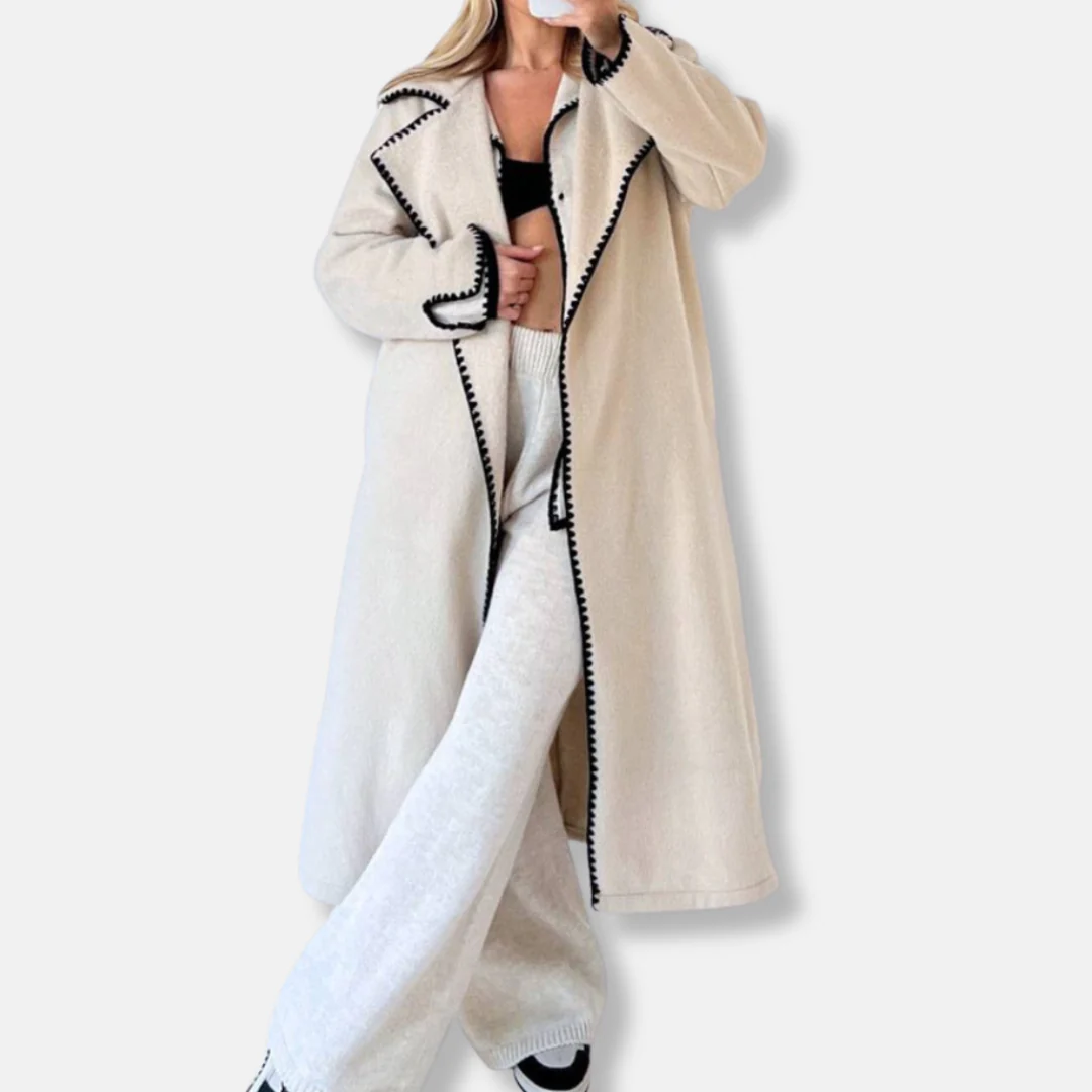Women’s Long Coat – Oversized Fit – Wool Blend – Notched Lapels – Scalloped Trim
