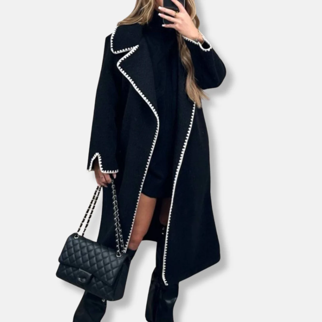 Women’s Long Coat – Oversized Fit – Wool Blend – Notched Lapels – Scalloped Trim - Image 2