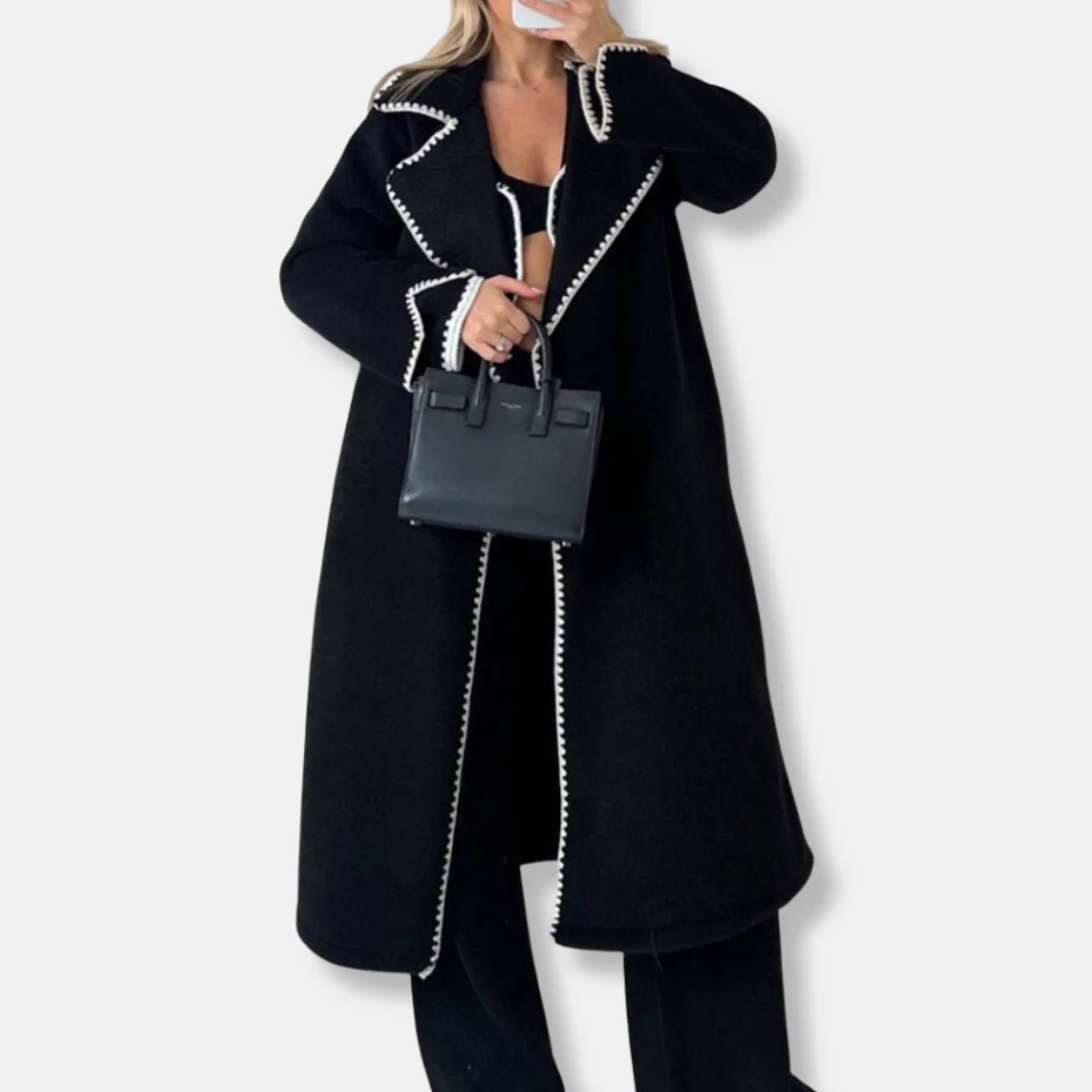 Women’s Long Coat – Oversized Fit – Wool Blend – Notched Lapels – Scalloped Trim - Image 3