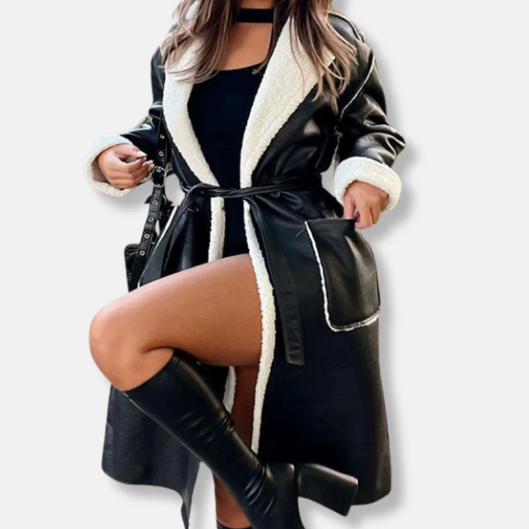 Women’s Long Coat – Oversized Fit – Wrap Style with Plush Trim and Tie Belt - Image 2