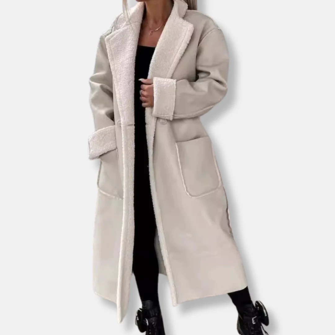 Women’s Long Coat – Oversized Fit – Wrap Style with Plush Trim and Tie Belt - Image 3