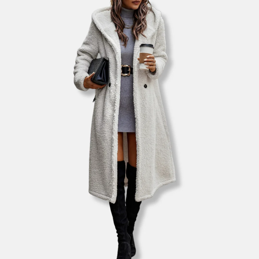 Women’s Long Coat – Plush Fleece Feel – Relaxed Fit – Hooded – Notched Lapel