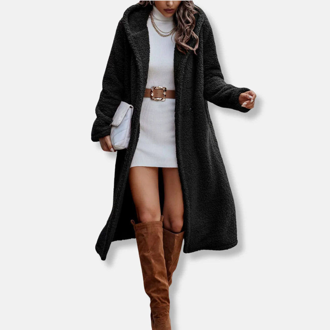 Women’s Long Coat – Plush Fleece Feel – Relaxed Fit – Hooded – Notched Lapel - Image 2