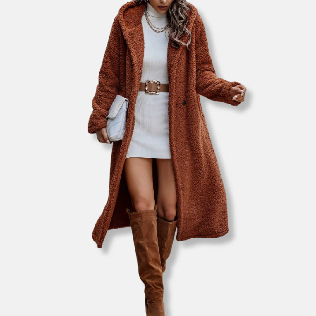 Women’s Long Coat – Plush Fleece Feel – Relaxed Fit – Hooded – Notched Lapel - Image 5