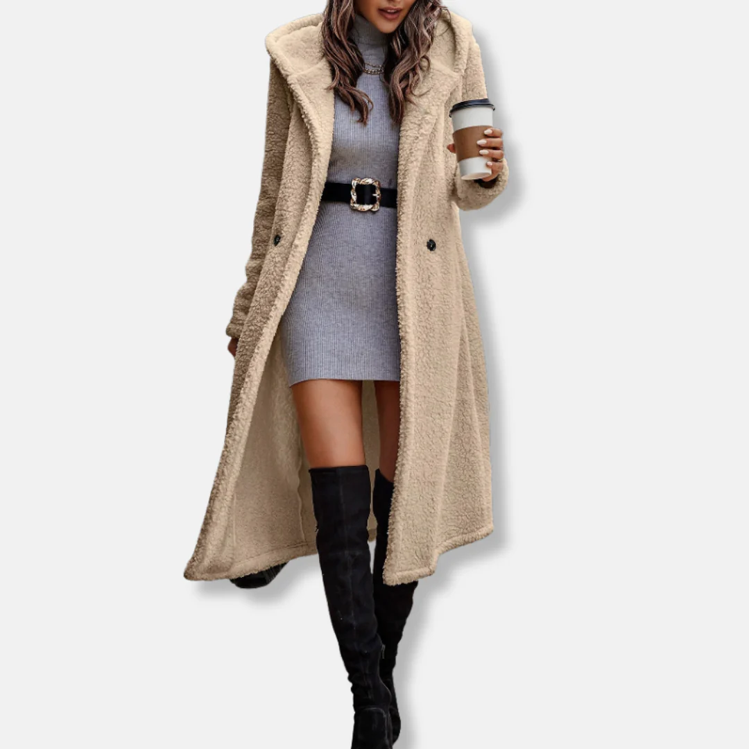 Women’s Long Coat – Plush Fleece Feel – Relaxed Fit – Hooded – Notched Lapel - Image 6