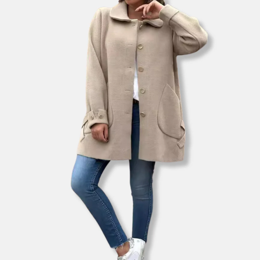 Women’s Long Coat – Wool Feel – Relaxed Fit – Single-Breasted with Decorative Buttons
