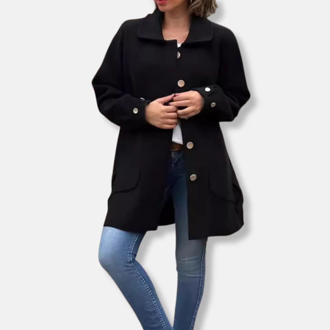Women’s Long Coat – Wool Feel – Relaxed Fit – Single-Breasted with Decorative Buttons - Image 2