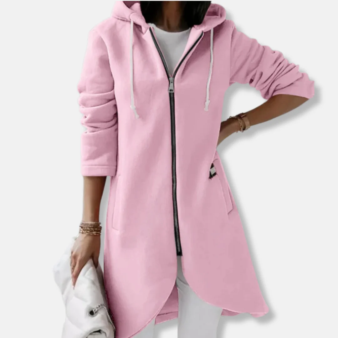 Women’s Long Hooded Sweater – Relaxed Fit – Fleece Feel – Asymmetrical Hem – Zip Front - Image 3