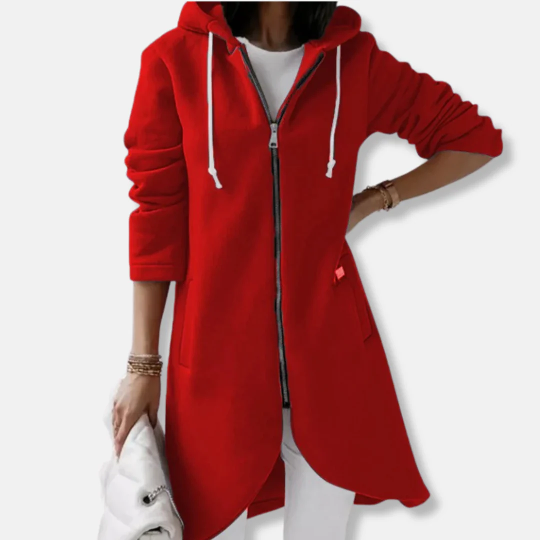 Women’s Long Hooded Sweater – Relaxed Fit – Fleece Feel – Asymmetrical Hem – Zip Front - Image 4