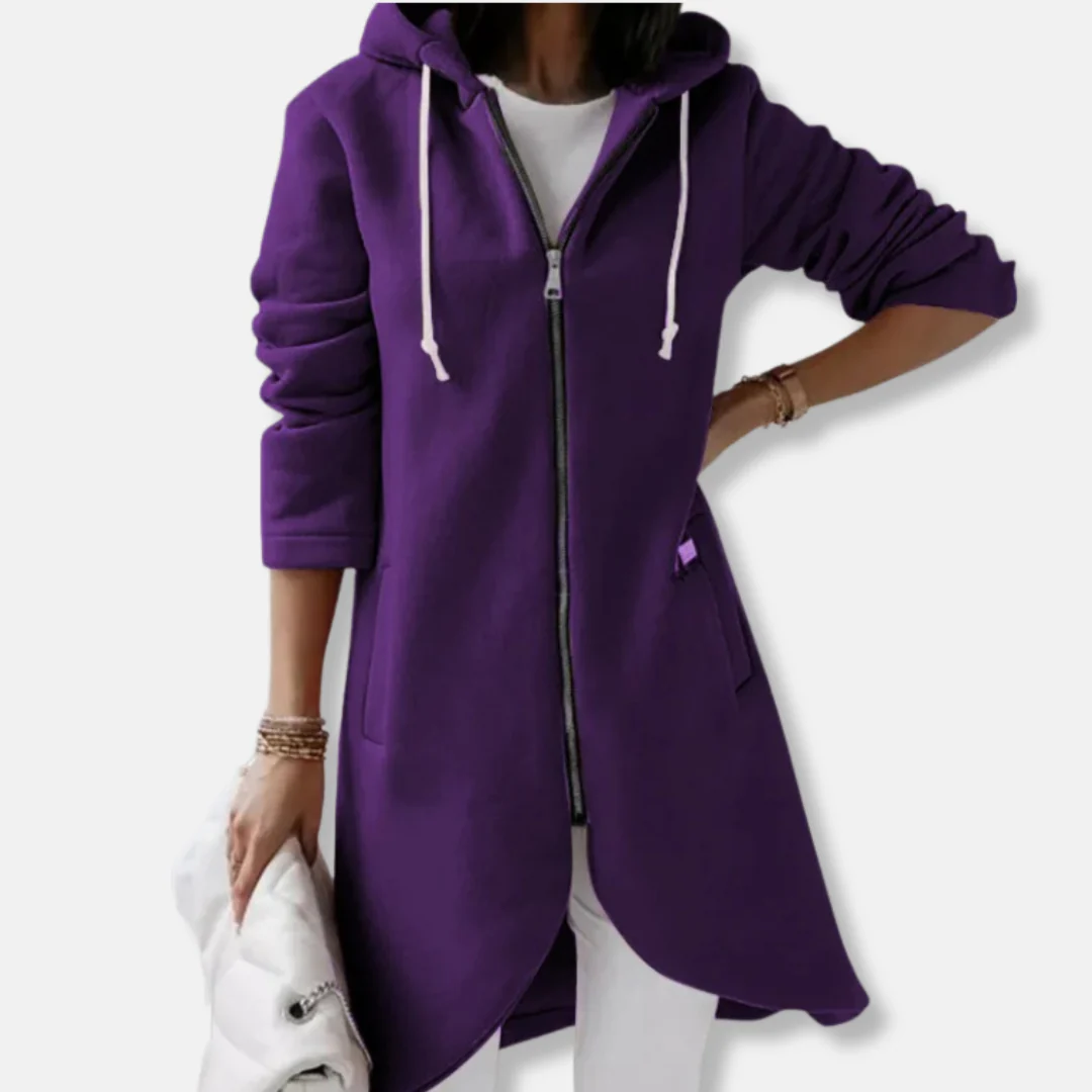 Women’s Long Hooded Sweater – Relaxed Fit – Fleece Feel – Asymmetrical Hem – Zip Front - Image 5