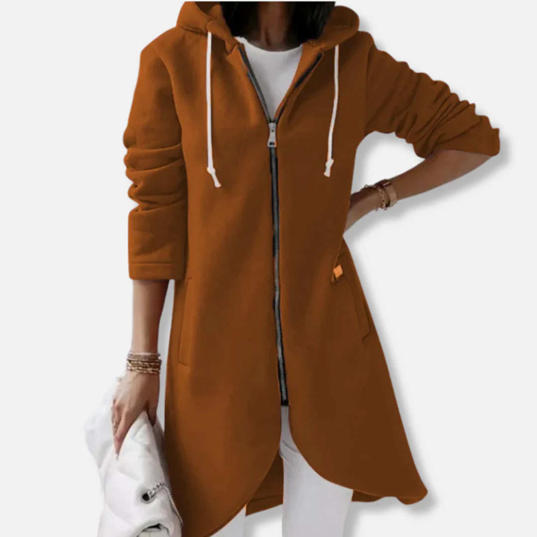 Women’s Long Hooded Sweater – Relaxed Fit – Fleece Feel – Asymmetrical Hem – Zip Front - Image 6