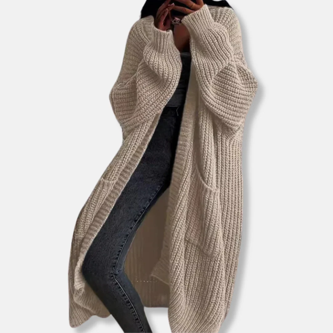 Women’s Long Knit Cardigan – Oversized Fit – Chunky Ribbed – Open Front with Pockets - Image 4