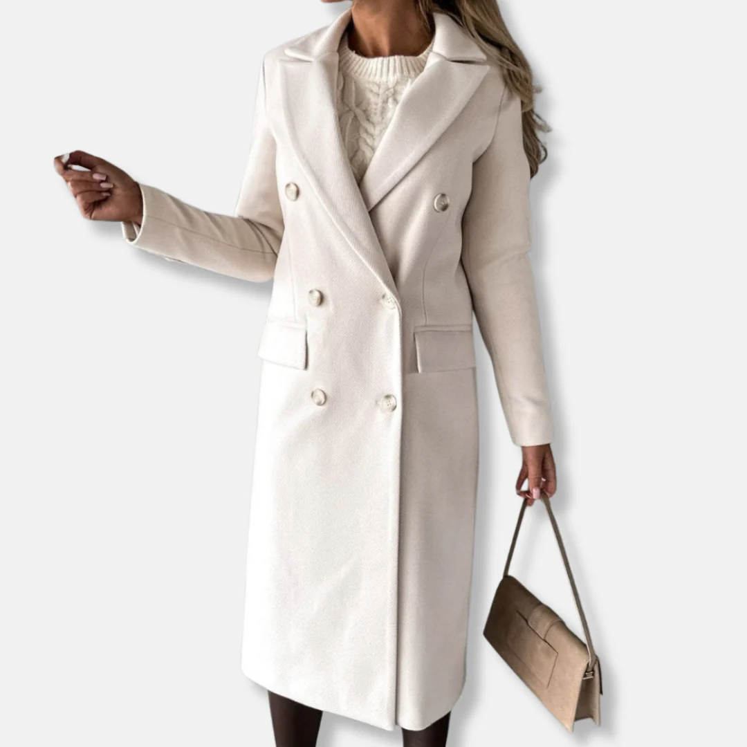 Women’s Longline Coat – Tailored Fit – Wool Blend – Double Breasted – Notch Lapel