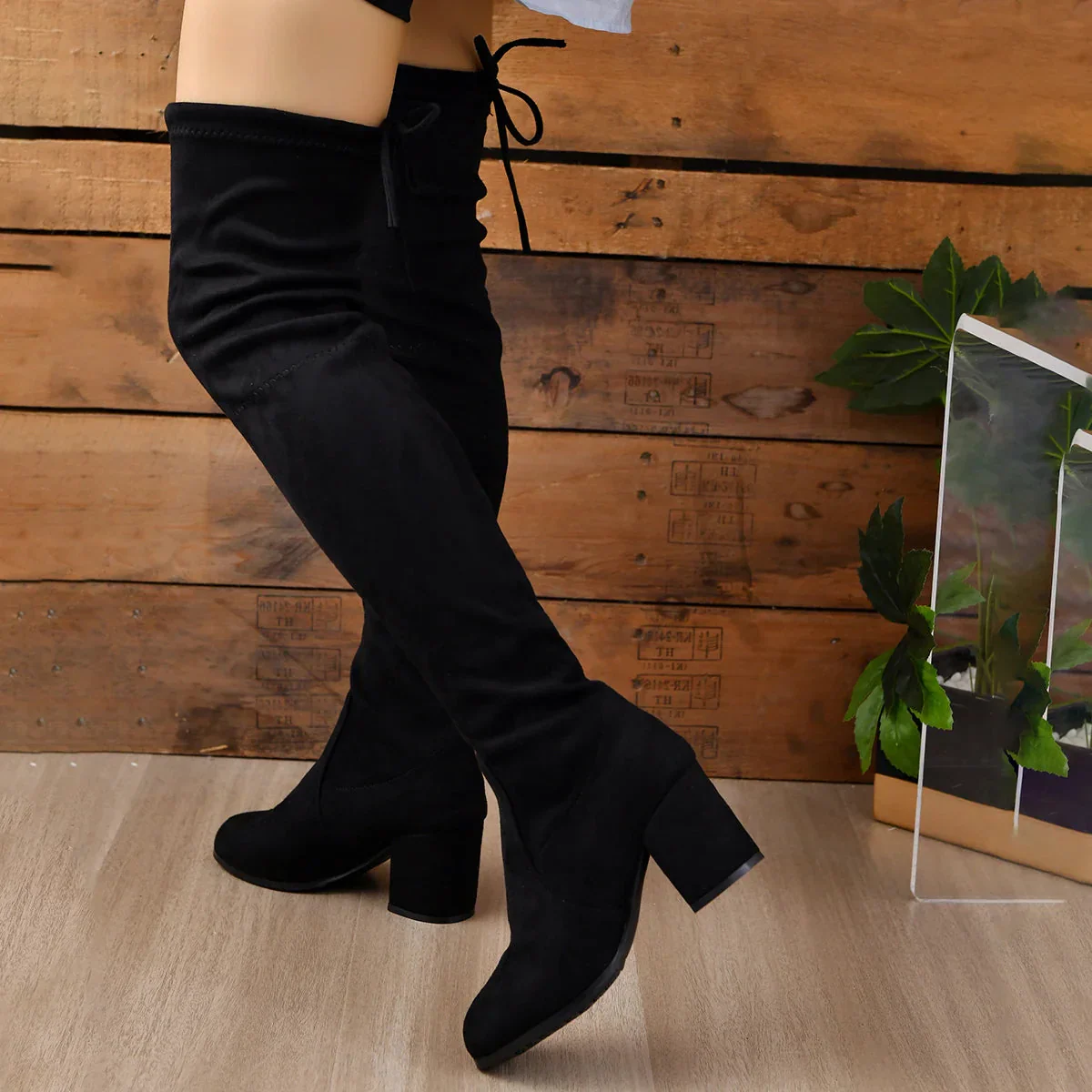 Women’s Over-the-Knee Boots – Stretch Fit – Faux Suede – Block Heel – Lace-Up Back - Image 3