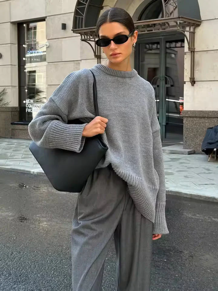 Women’s Oversized Sweater – Knit Wool Blend – Longline – Wide Crew Neck – Side Slits - Image 3