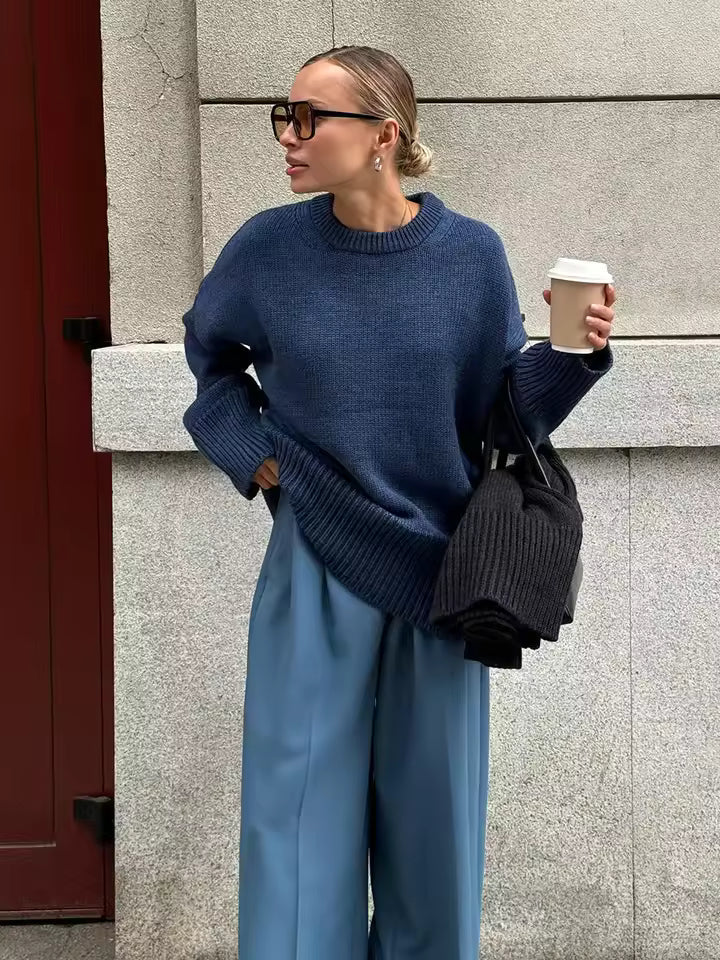 Women’s Oversized Sweater – Knit Wool Blend – Longline – Wide Crew Neck – Side Slits - Image 4