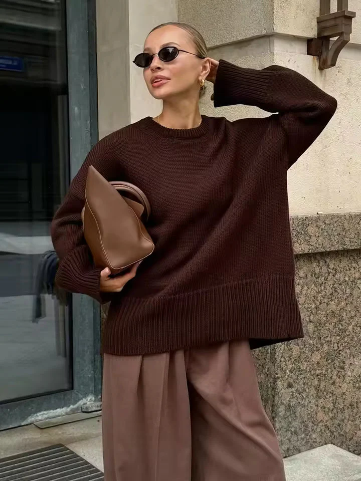 Women’s Oversized Sweater – Knit Wool Blend – Longline – Wide Crew Neck – Side Slits - Image 5
