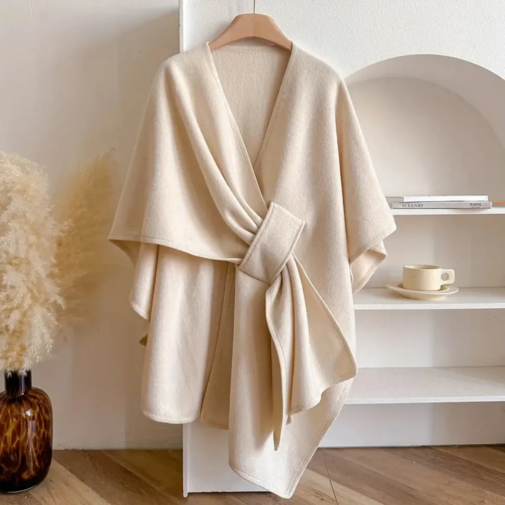 Women’s Poncho Shawl – Wool Look – Draped Fit – Open Front with Waist Belt - Image 3