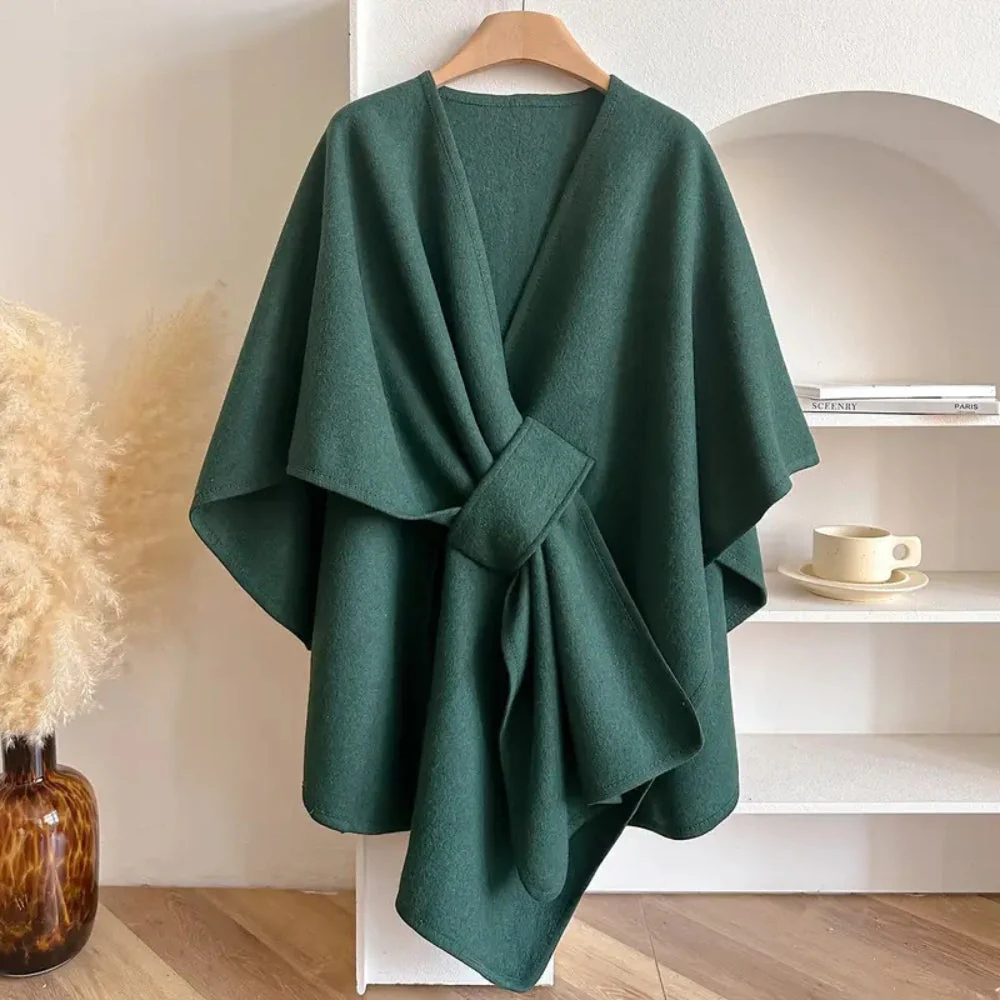 Women’s Poncho Shawl – Wool Look – Draped Fit – Open Front with Waist Belt - Image 4
