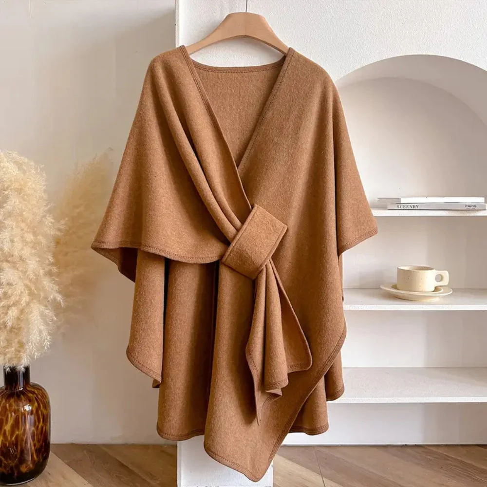Women’s Poncho Shawl – Wool Look – Draped Fit – Open Front with Waist Belt - Image 5