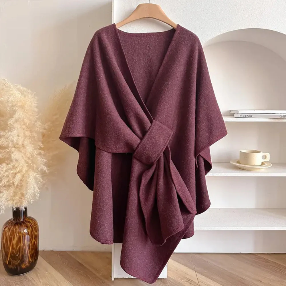 Women’s Poncho Shawl – Wool Look – Draped Fit – Open Front with Waist Belt - Image 6