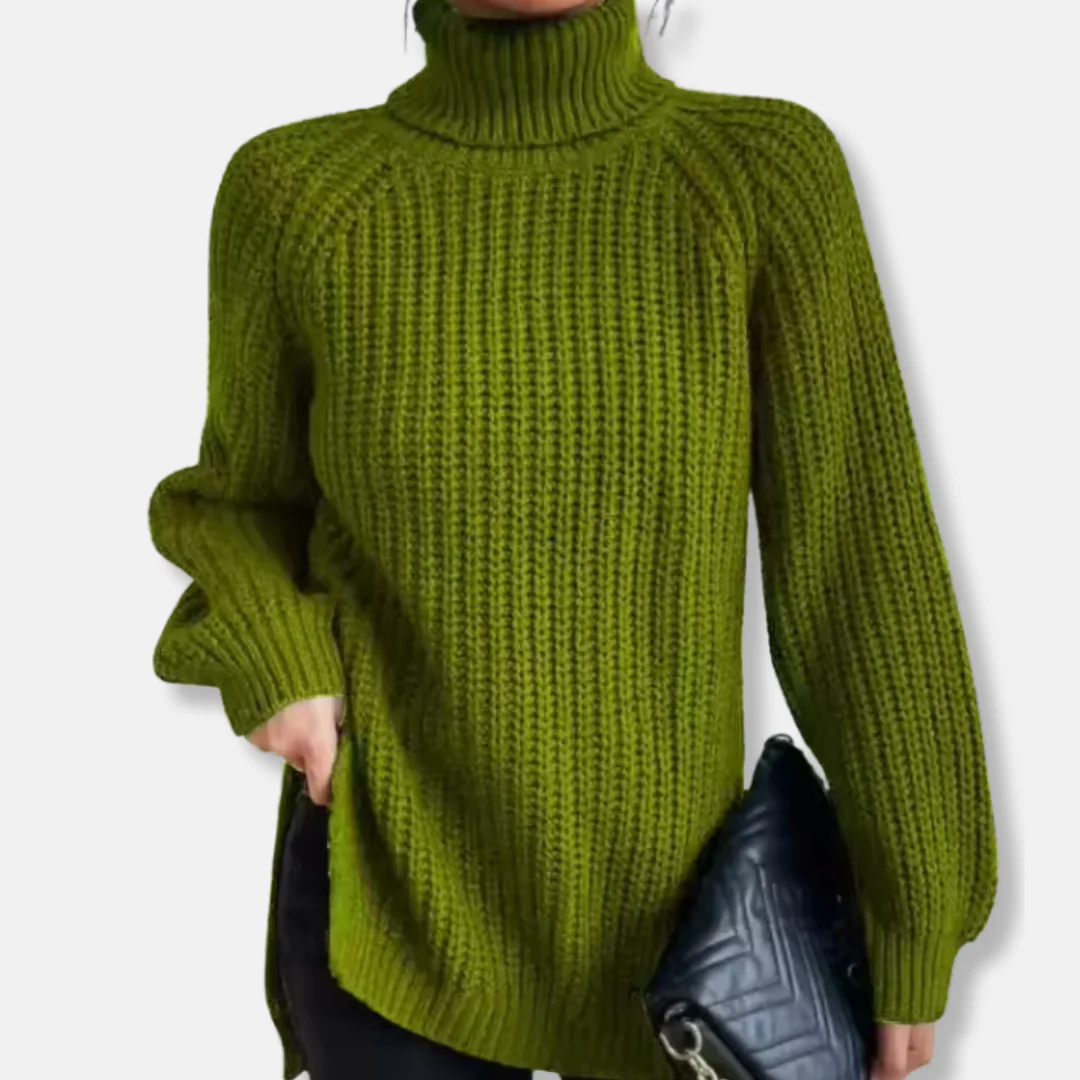 Women’s Pullover Sweater – Oversized Fit – Chunky Wool Knit – Turtleneck – Split Hem - Image 3