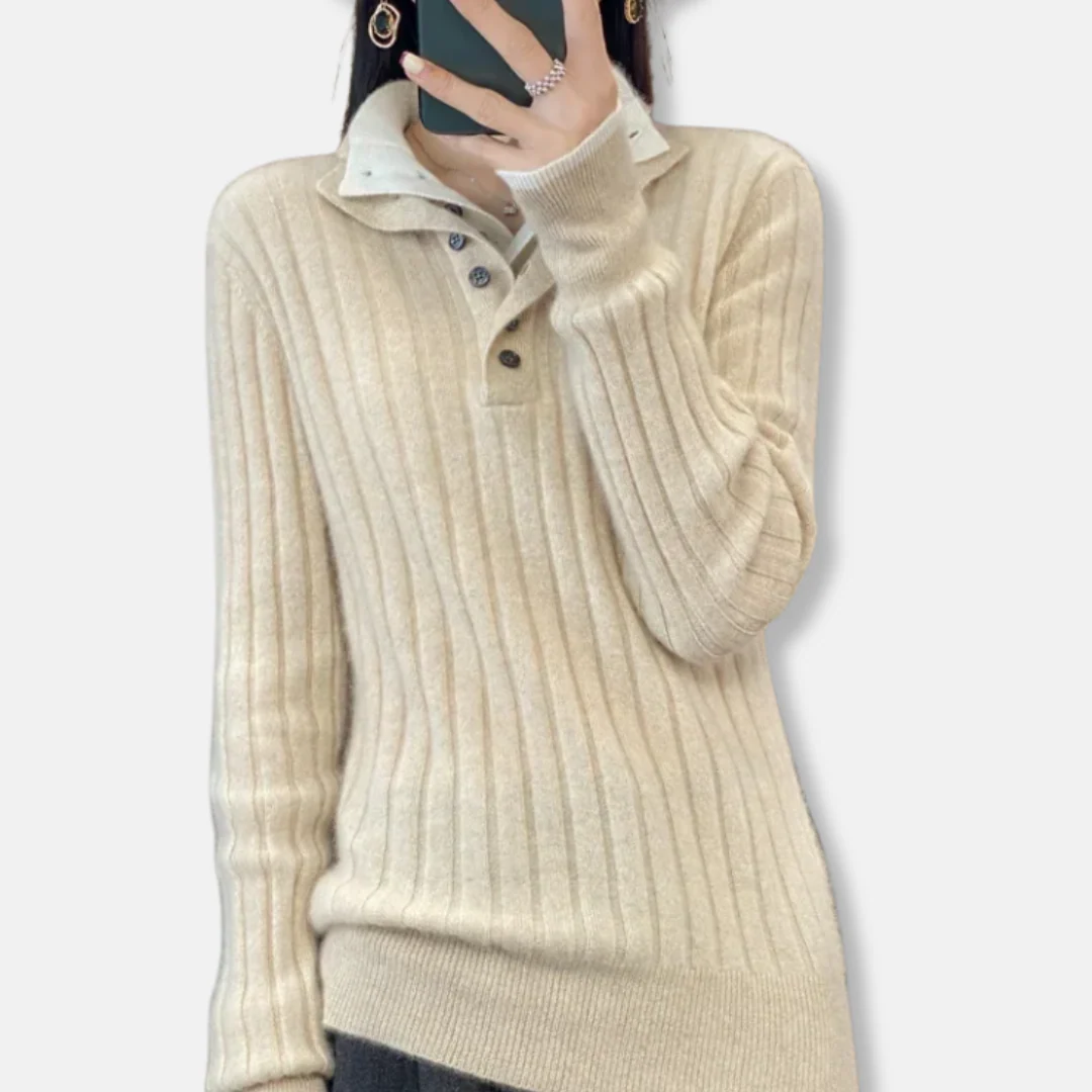 Women’s Pullover Sweater – Ribbed Knit – Shirt Collar – Button Placket – Relaxed Fit - Image 3
