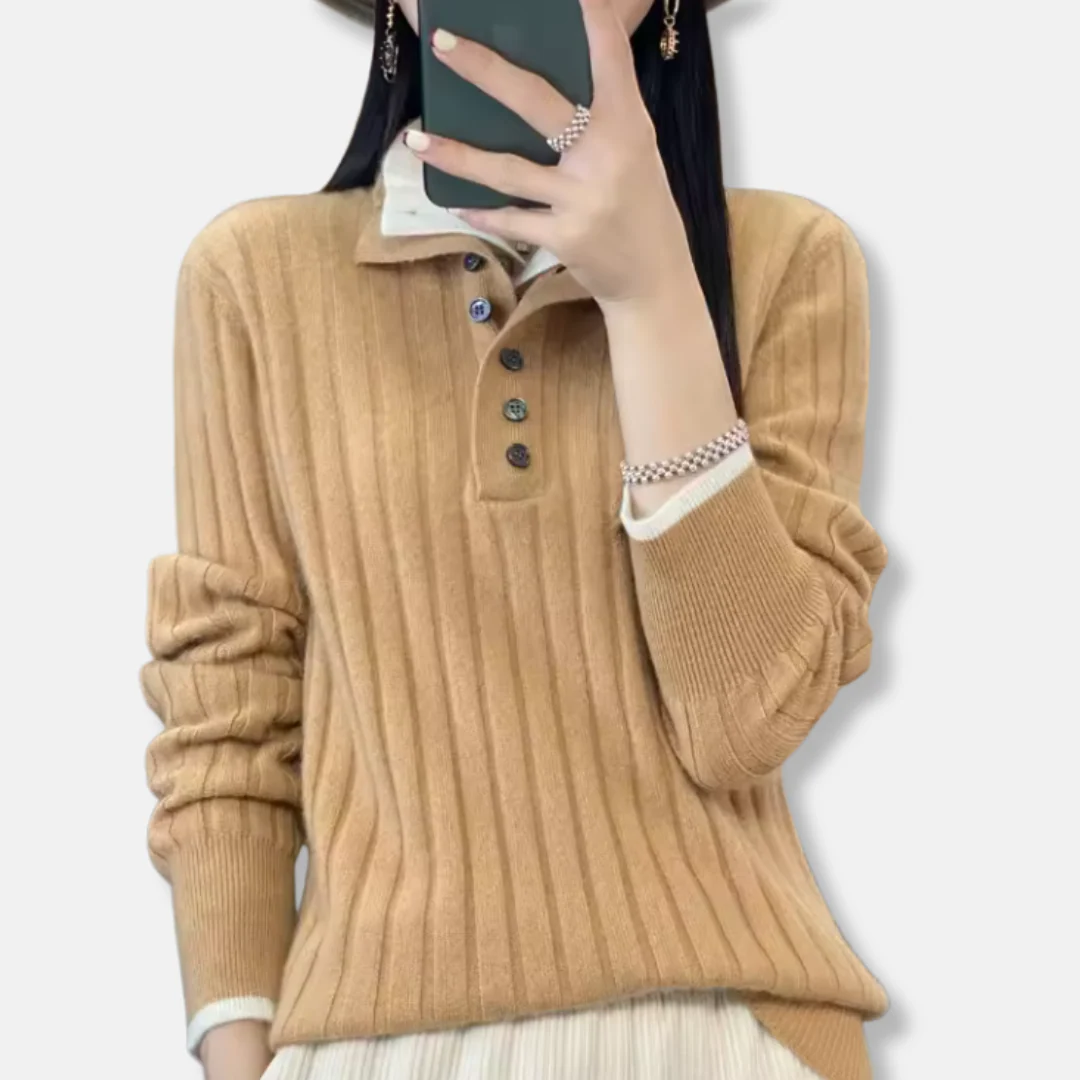 Women’s Pullover Sweater – Ribbed Knit – Shirt Collar – Button Placket – Relaxed Fit - Image 4