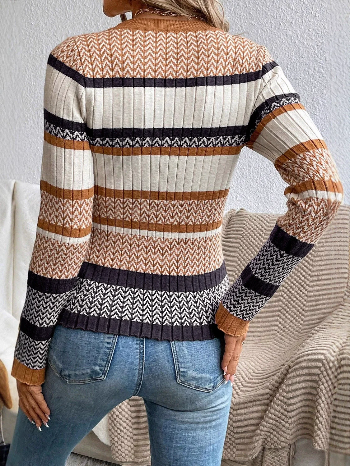 Women’s Pullover Sweater – Slim Fit – Ribbed Knit – Semi-High Neck – Striped Pattern - Image 4