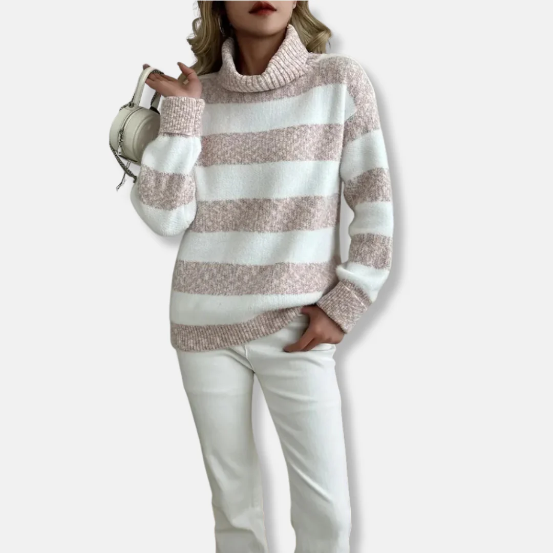 Women’s Pullover Sweatshirt – Loose Fit – Plush Knit – Ribbed Turtleneck – Striped Texture - Image 3