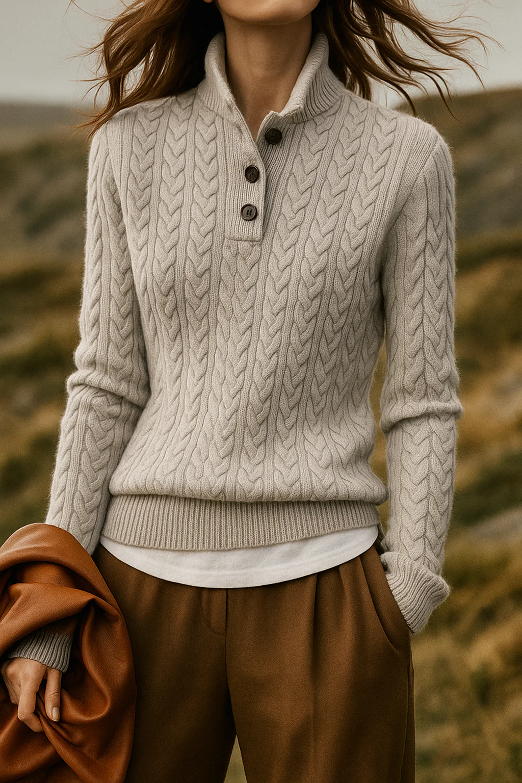 Women’s Pullover Sweatshirt – Wool Blend Cable Knit – Funnel Neck – Relaxed Fit - Image 3