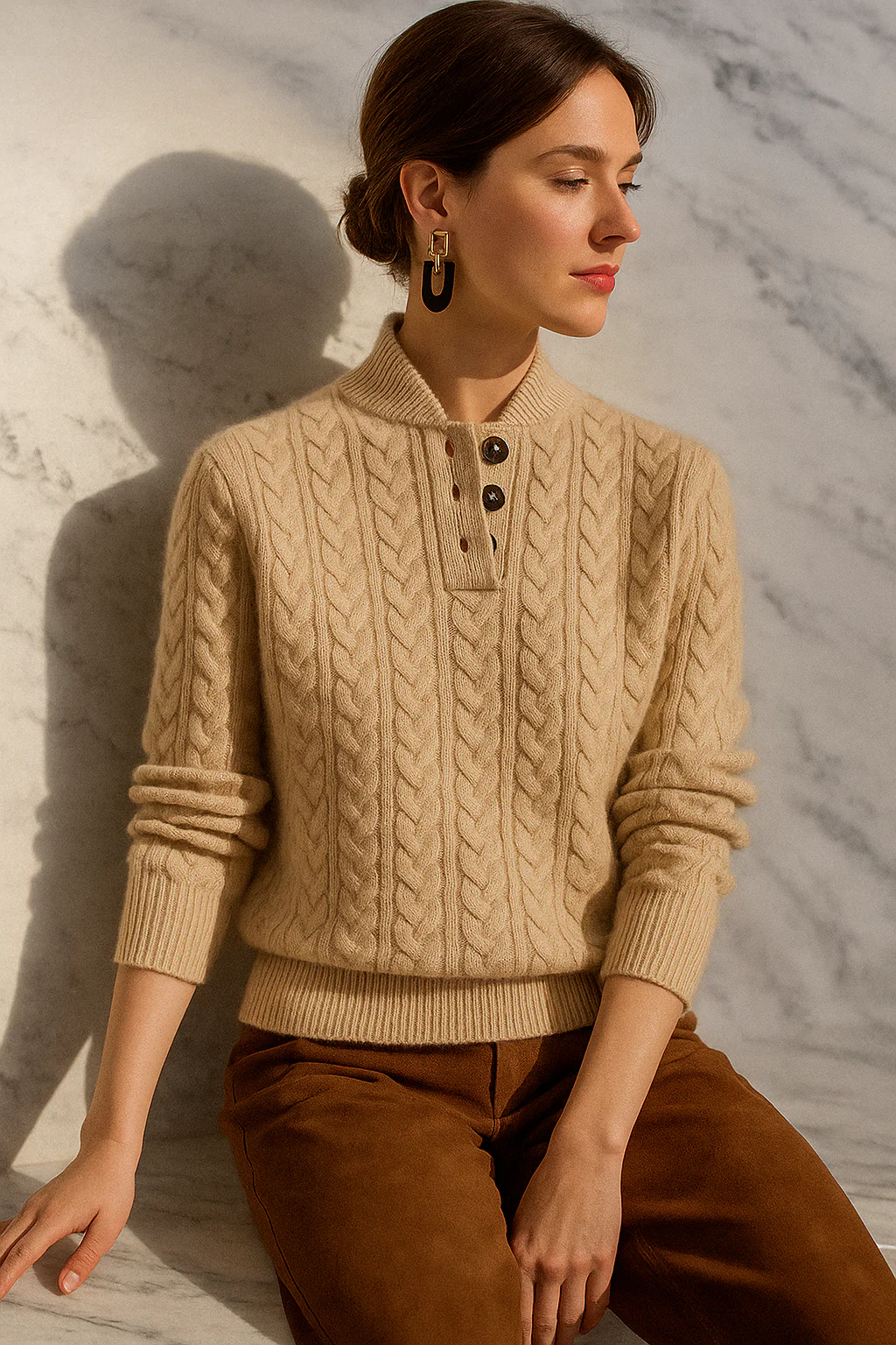 Women’s Pullover Sweatshirt – Wool Blend Cable Knit – Funnel Neck – Relaxed Fit - Image 4