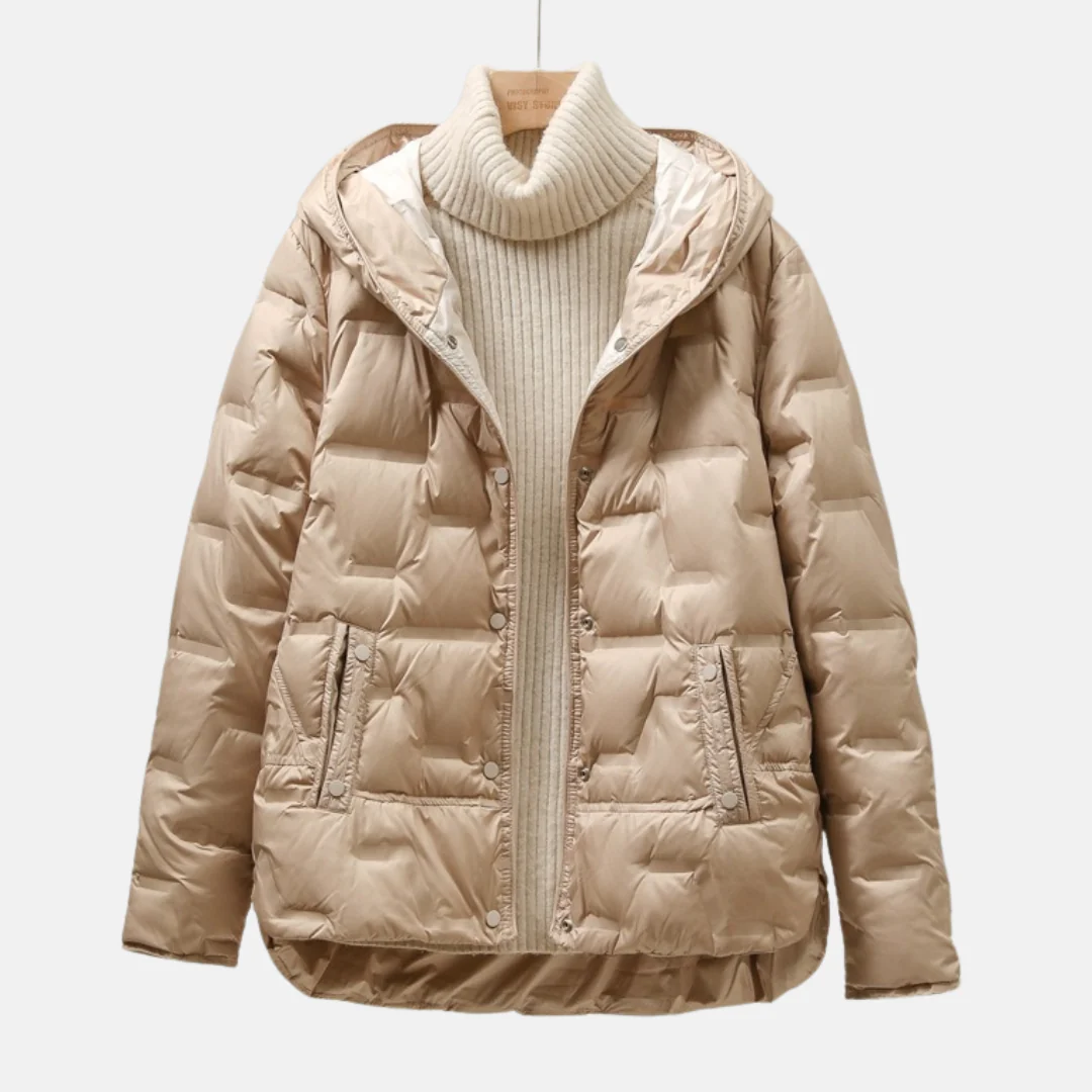 Women’s Quilted Down Jacket – Relaxed Fit – Puffer Style – Hooded – Snap Closure - Image 2