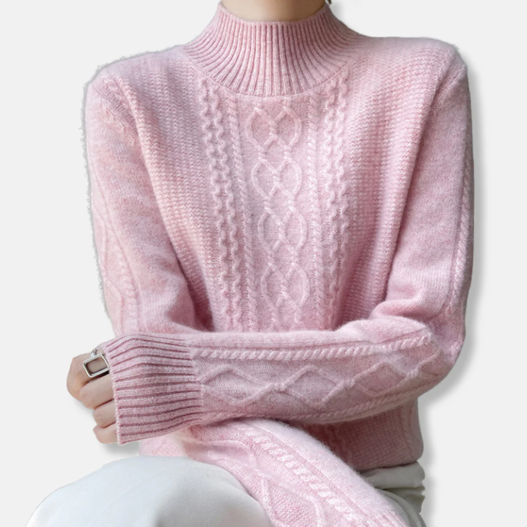 Women’s Sweatshirt – Relaxed Fit – Cable Knit – Soft Wool Blend – Ribbed Mock Neck