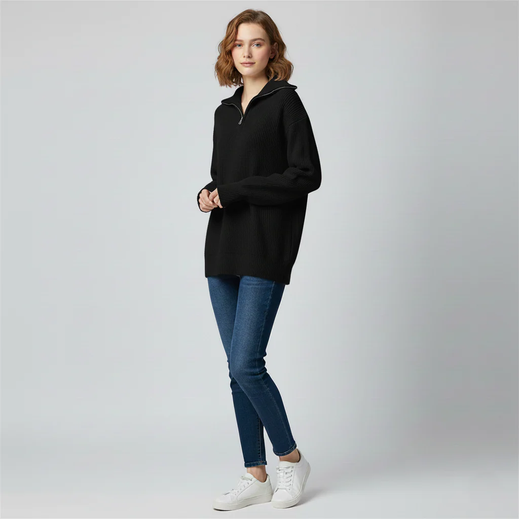 Women’s Sweatshirt – Relaxed Fit – High Zip Collar – Ribbed Knit Trim - Image 4