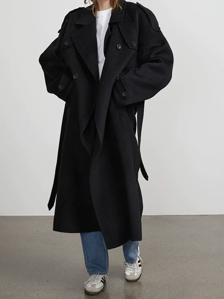 Women’s Trench Coat – Oversized Fit – Wool Feel – Double-Breasted – Belted Classic Style - Image 2