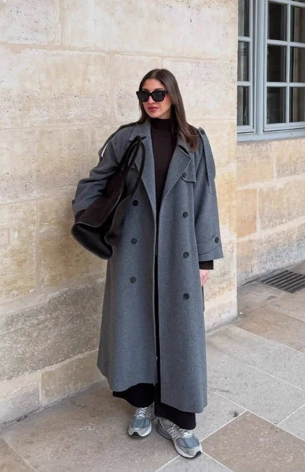 Women’s Trench Coat – Oversized Fit – Wool Feel – Double-Breasted – Belted Classic Style - Image 3