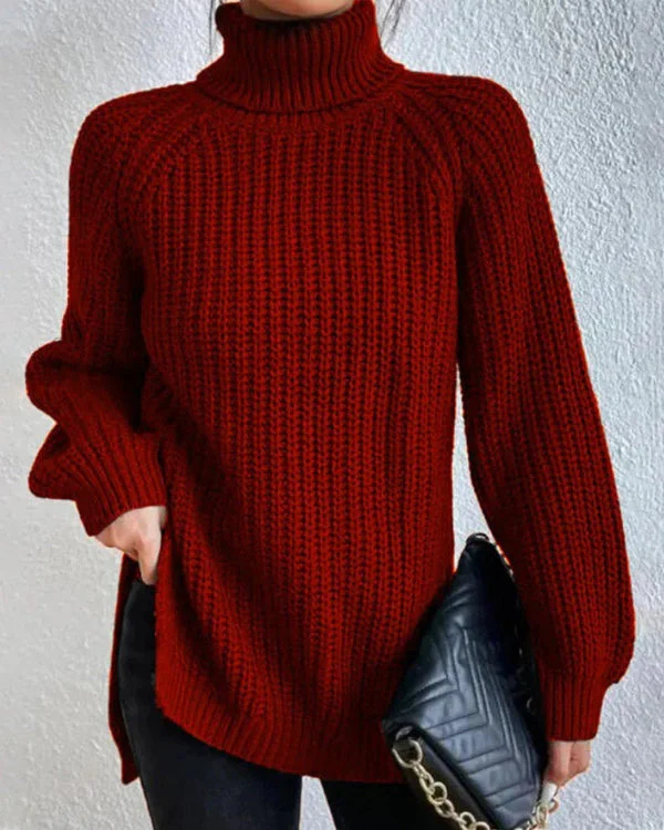 Women’s Turtleneck Sweater – Relaxed Fit – Chunky Knit – Hip Length – Raglan Sleeves - Image 3