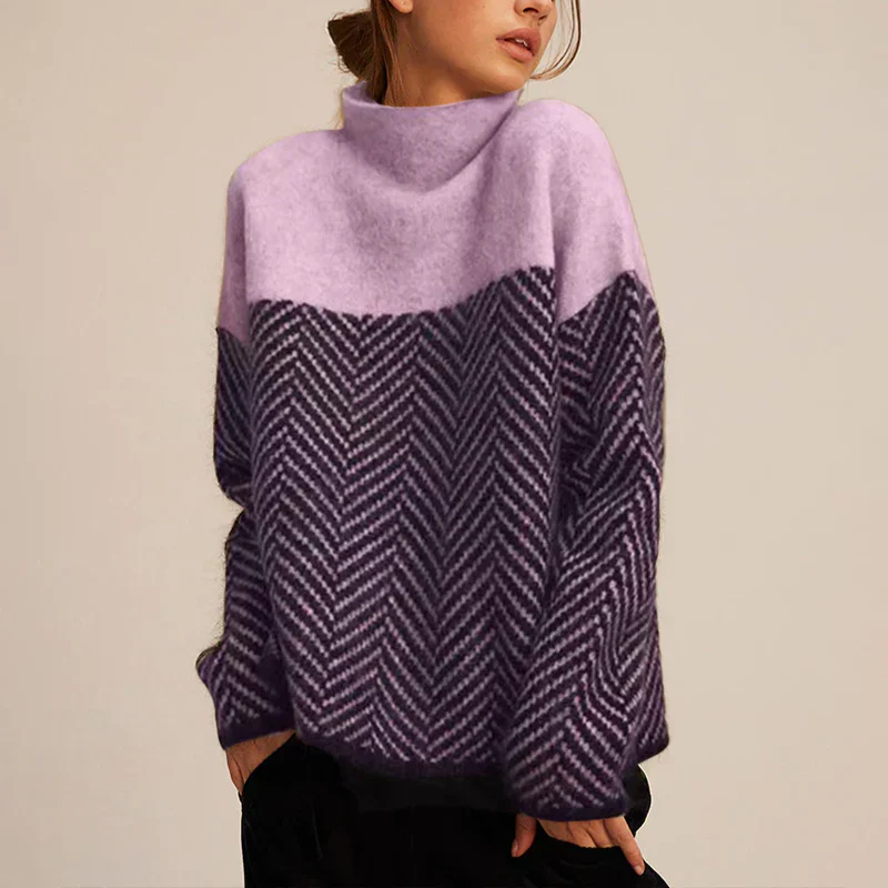Women’s Turtleneck Sweater – Wool – Relaxed Fit – Chevron Knit – Hip Length – Long Sleeve - Image 3