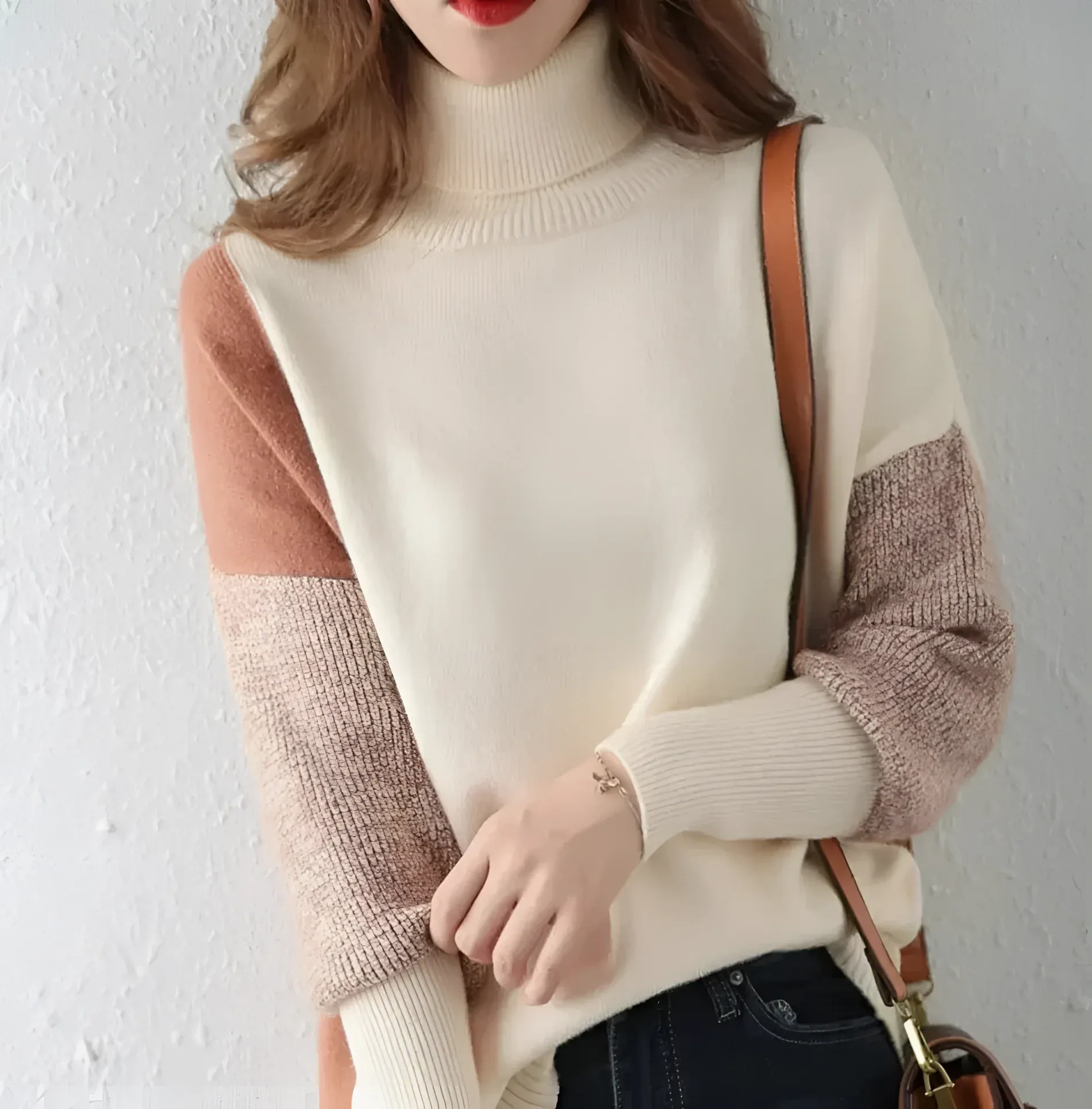 Women’s Turtleneck Sweatshirt – Wool Blend – Relaxed Fit – Asymmetrical Two-Tone Design - Image 3