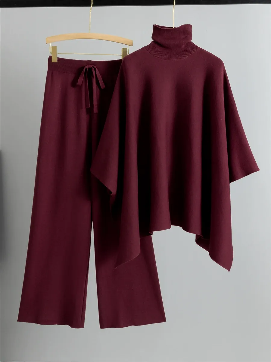 Women’s Two-Piece Knit Lounge Set – High Neck Cape Top – Wide-Leg Trousers – Relaxed Fit - Image 3