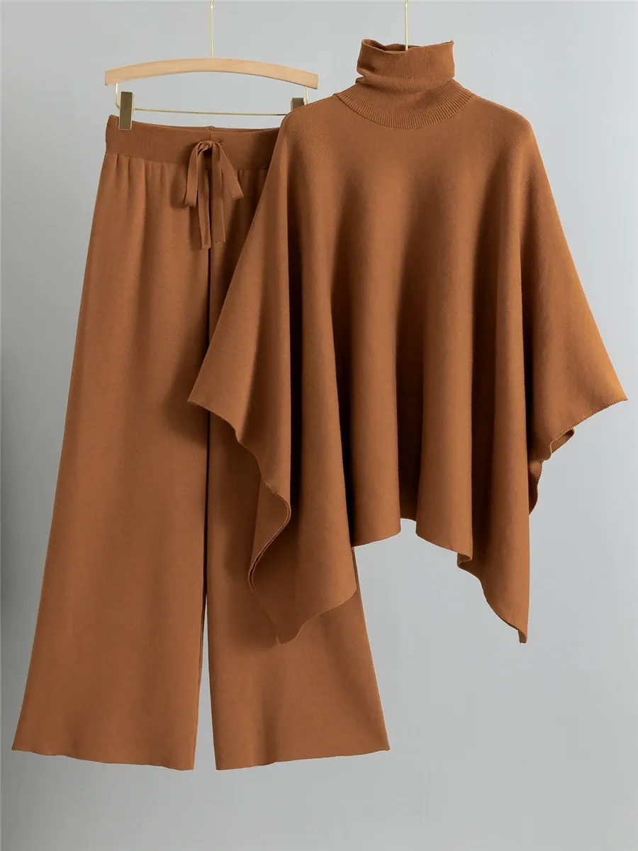 Women’s Two-Piece Knit Lounge Set – High Neck Cape Top – Wide-Leg Trousers – Relaxed Fit - Image 4