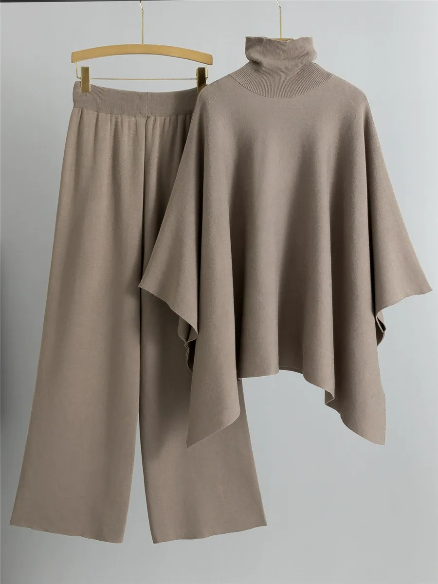 Women’s Two-Piece Knit Lounge Set – High Neck Cape Top – Wide-Leg Trousers – Relaxed Fit - Image 5